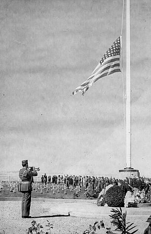 First flag-raising ceremony at Leyte Cemetery in WWII